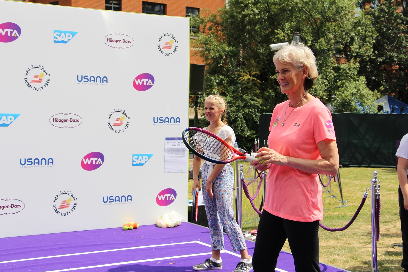 Elena Baltacha Foundation youngster Amie Hunt at WTA Tennis on the Thames with Foundation patron Judy Murray